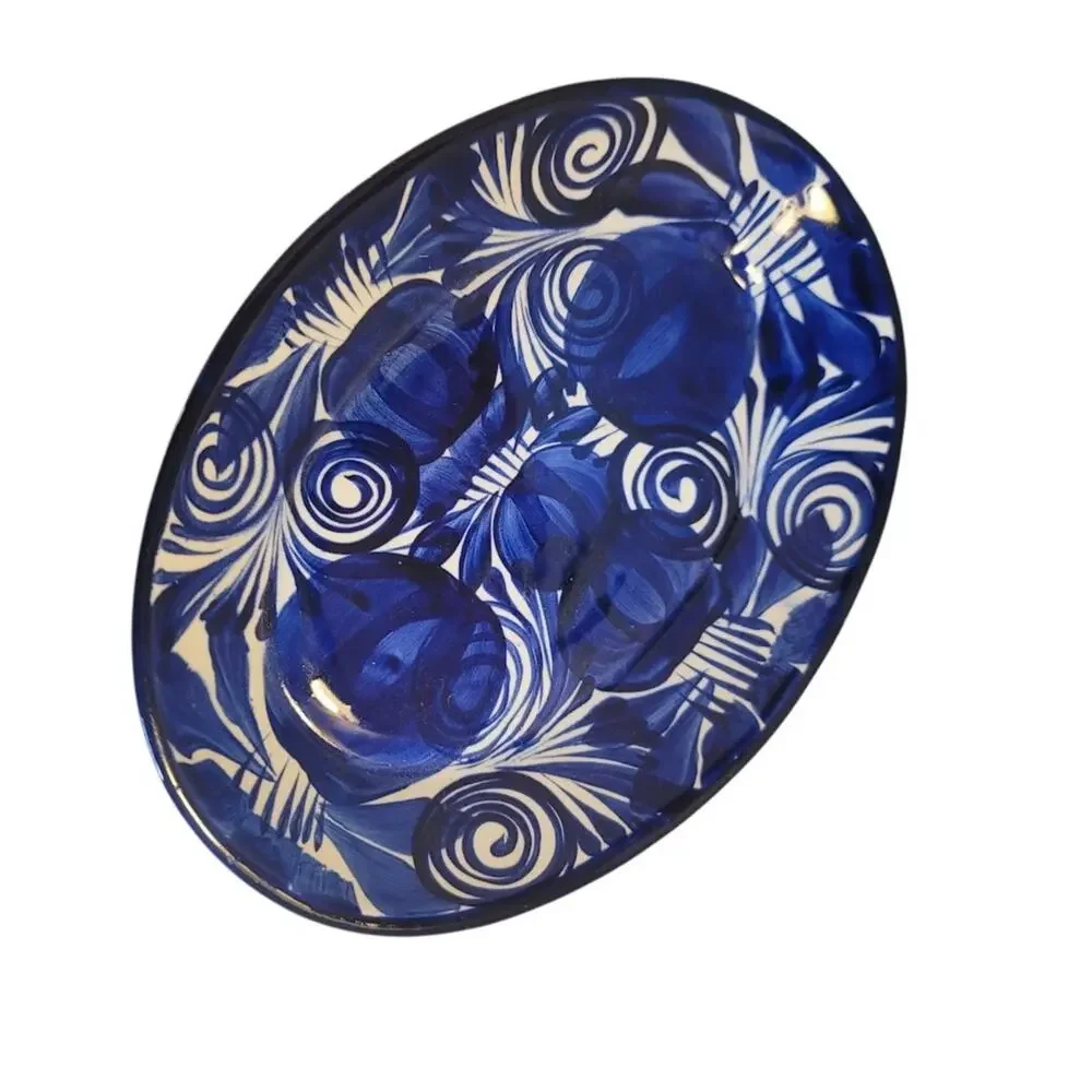 Handmade Hand painted Talavera Serving Platter Plate Blue White Oval 12